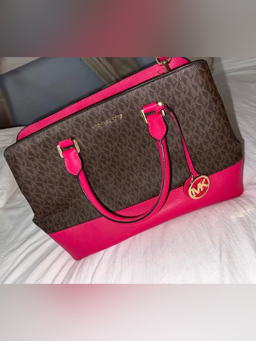 Michael Kors Signature Monogram Brown & Hot Pink Satchel Crossbody Bag